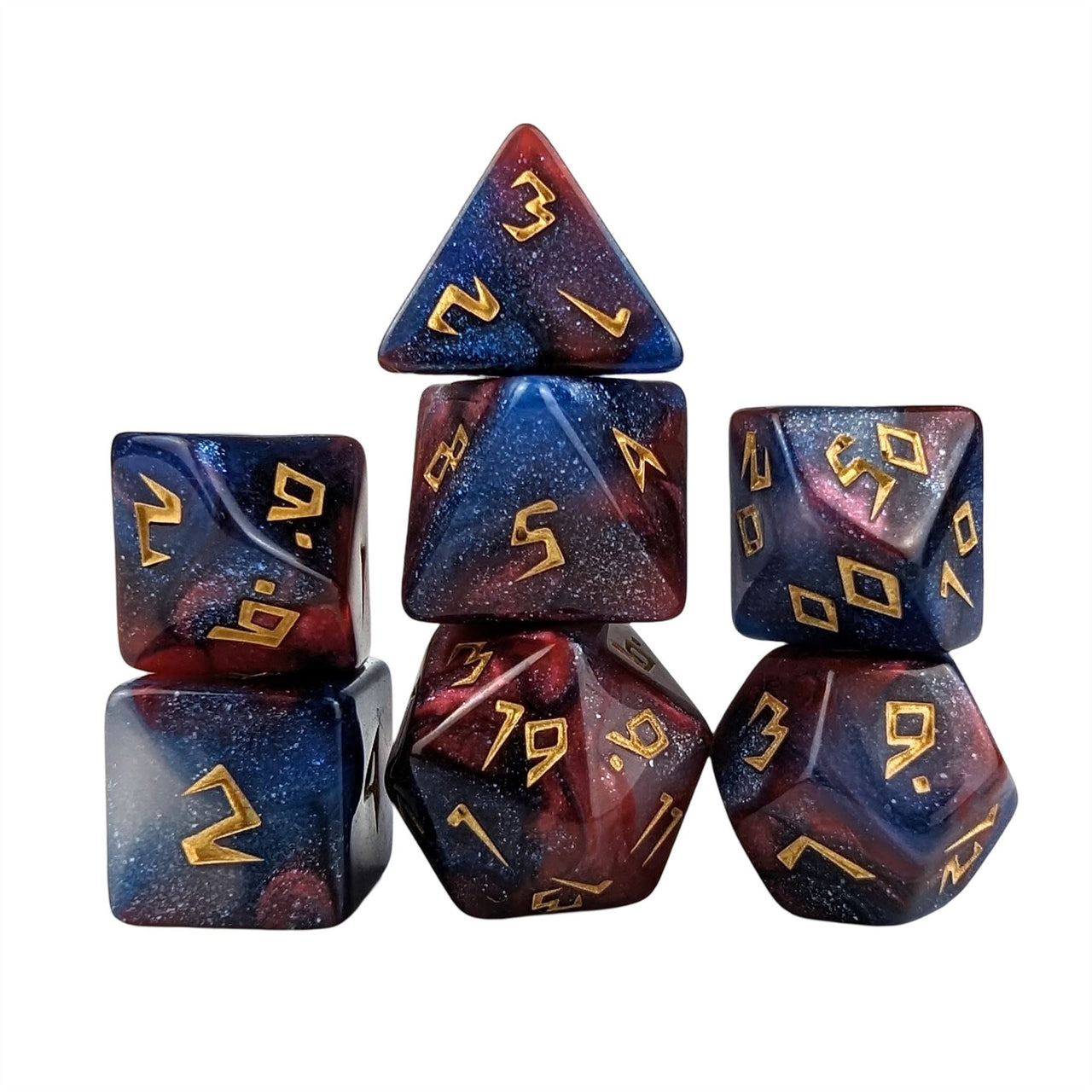 Glitter in Blue & Red Acrylic - 7pcs RPG Full Dice Set White Stack