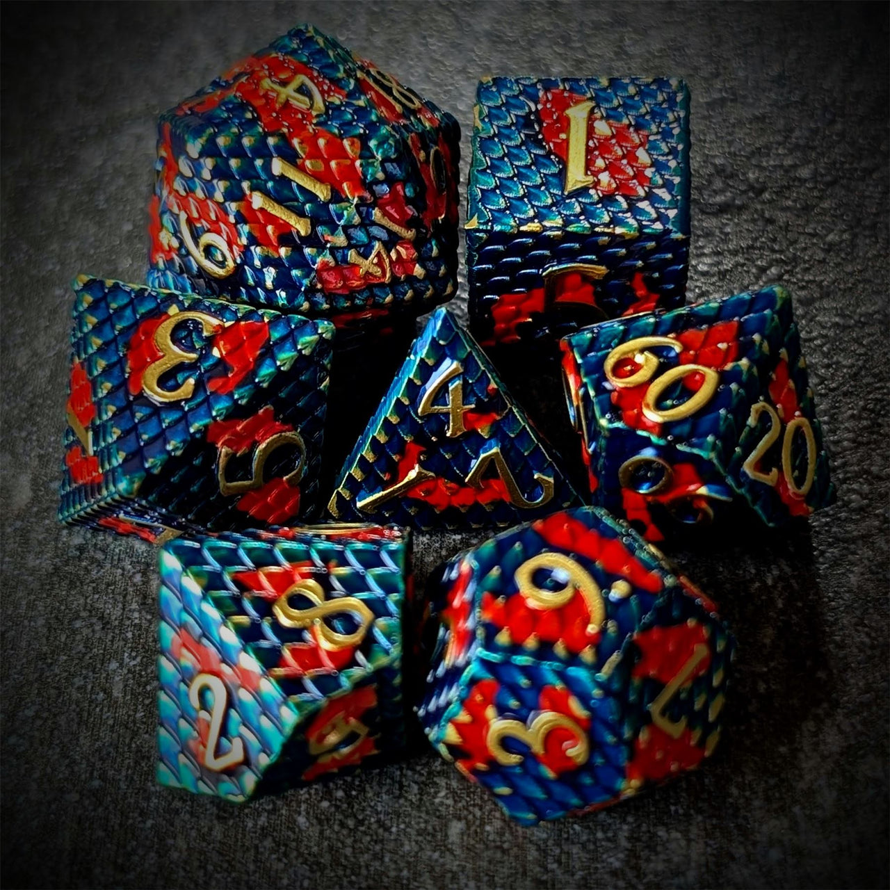 Red & Blue Dragon Scale Metal - 7pcs RPG Dice Set