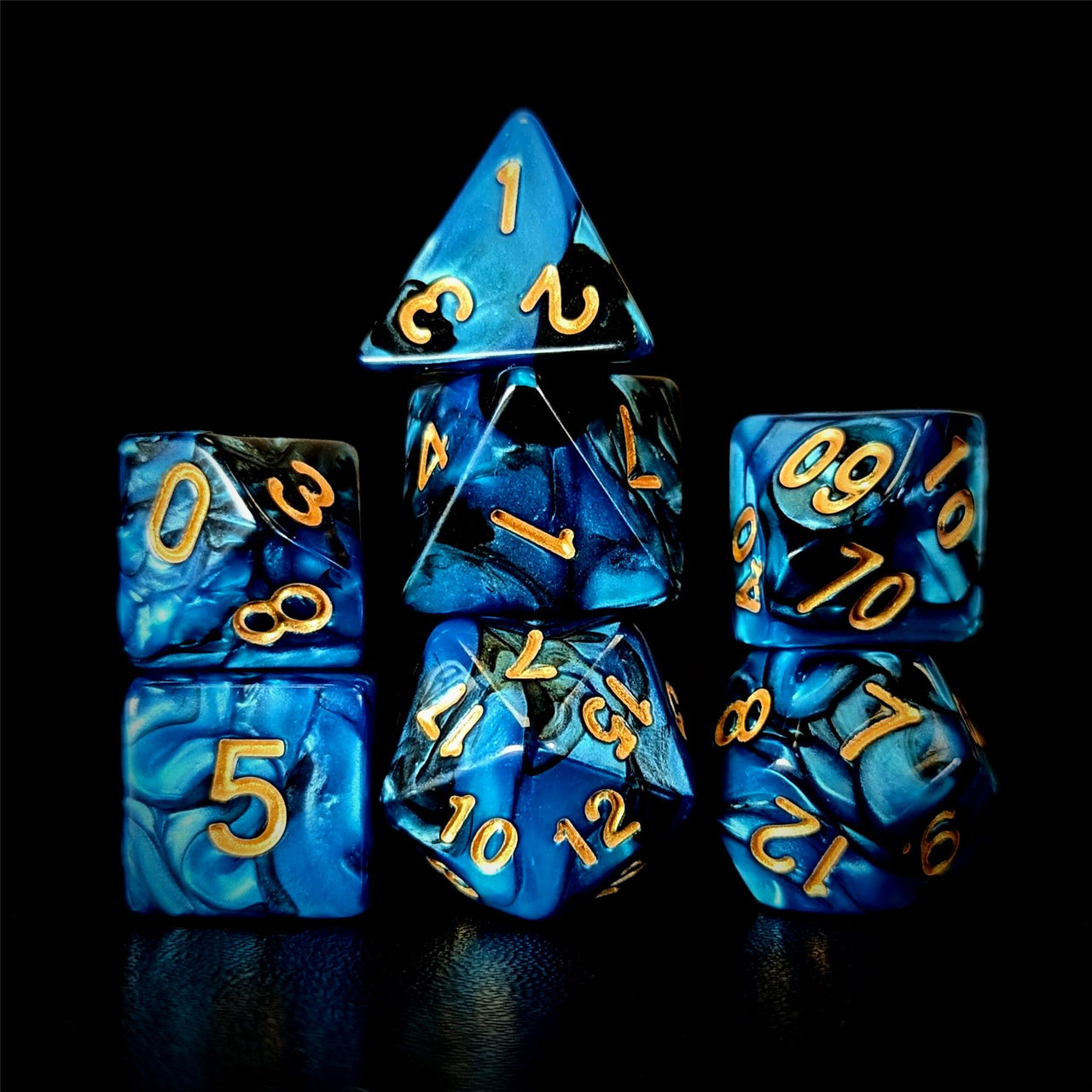 Blend of Black & Blue Acrylic - 7pcs RPG Full Dice Set Dark Stack