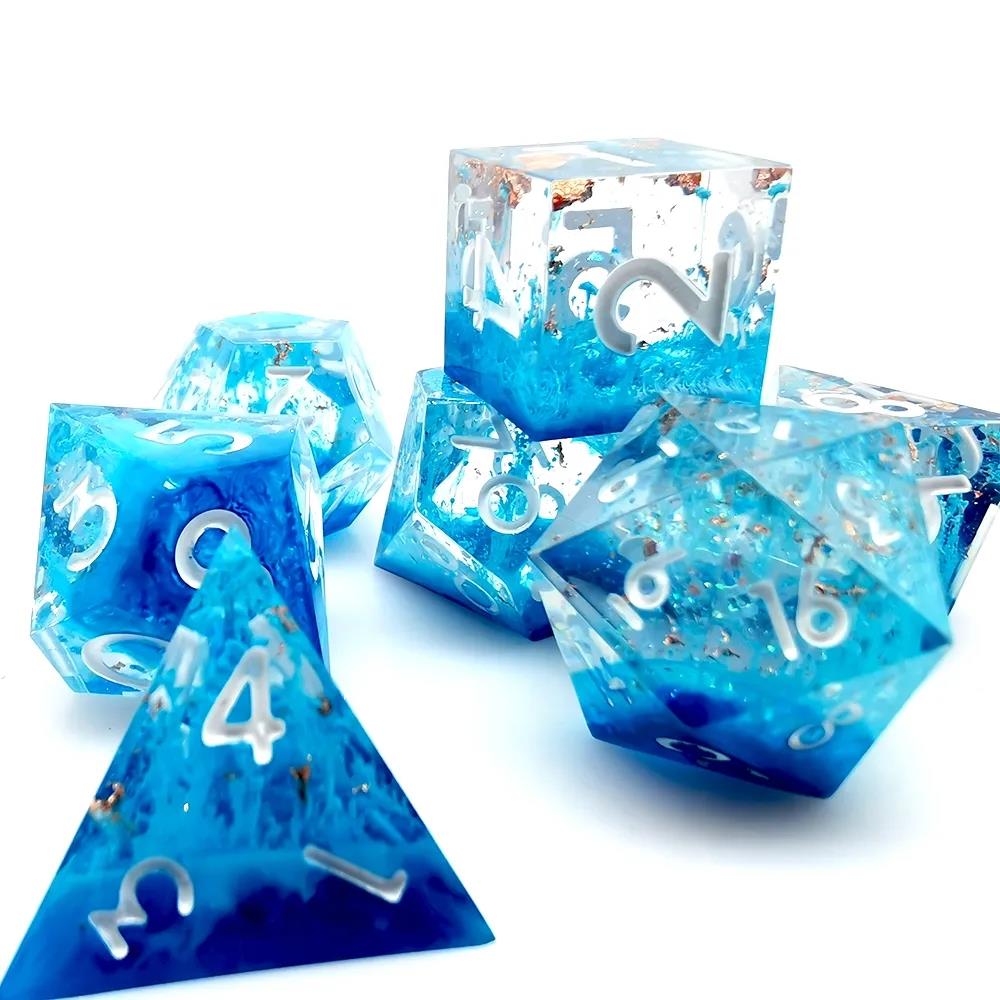 Blue Swirl in Clear with Copper Foil Sharp Resin - 7pcs RPG Dice Set