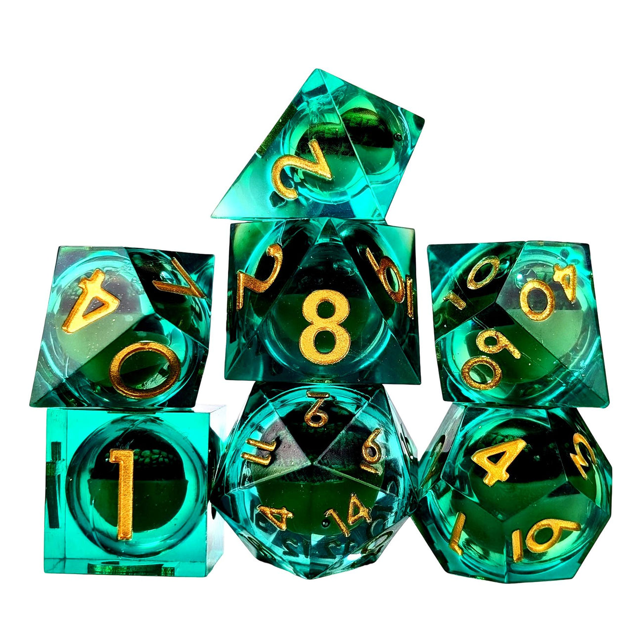Green Dragon Eye Ball in Clear & Green Filled Sharp Resin - 7pcs RPG Dice Set