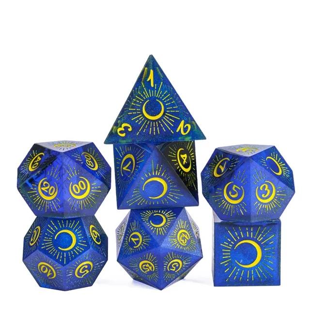 Moon on Blue with Black Swirl Sharp Resin - 7pcs RPG Dice Set