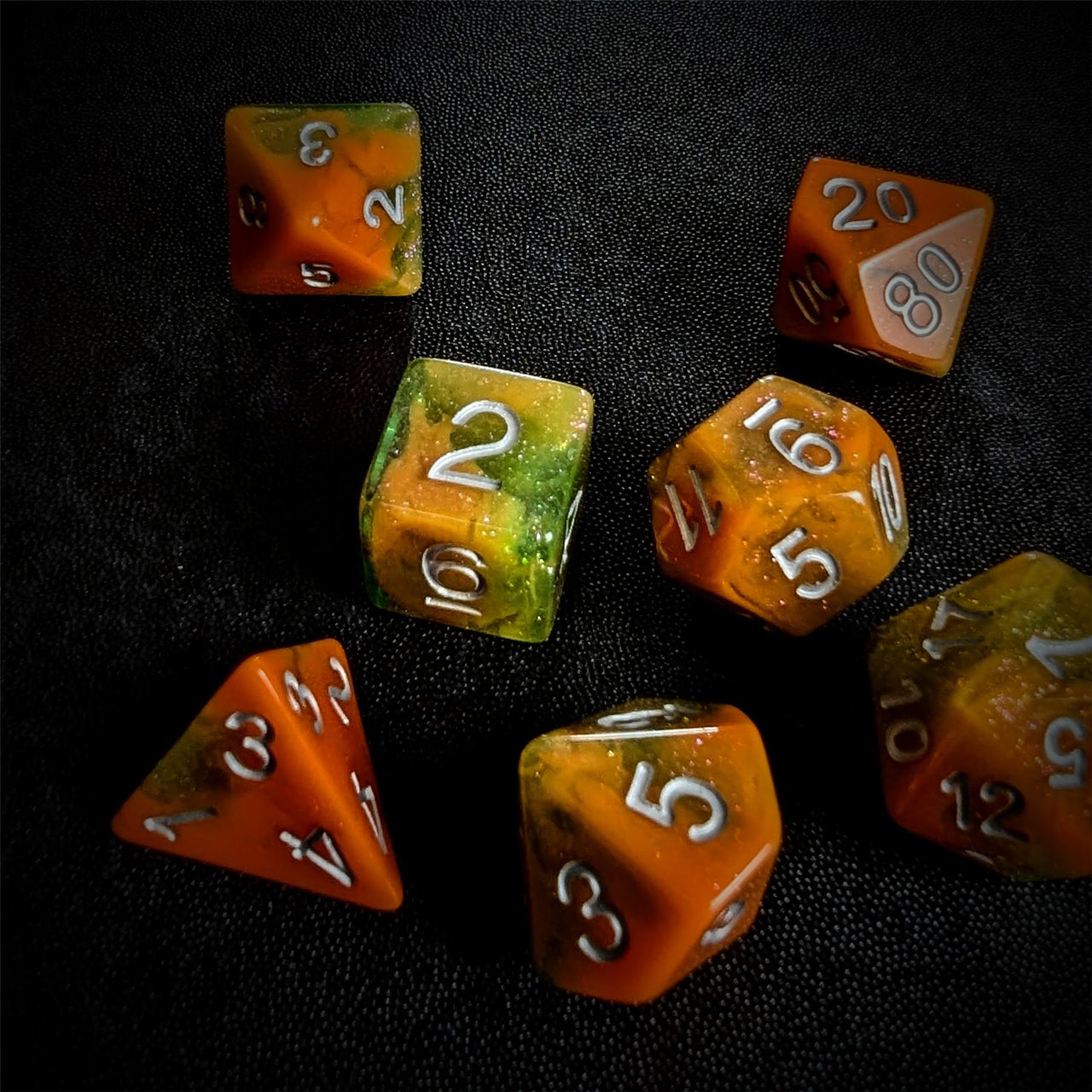 Glitter in Orange & Green Resin - 7pcs RPG Full Dice Set