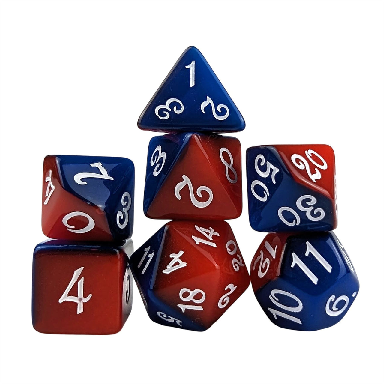 Blend of Red & Blue Acrylic - 7pcs RPG Full Dice Set White Stack