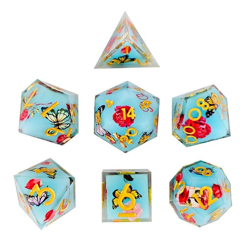 Butterfly & Flower in Blue Filled Sharp Resin - 7pcs RPG Dice Set