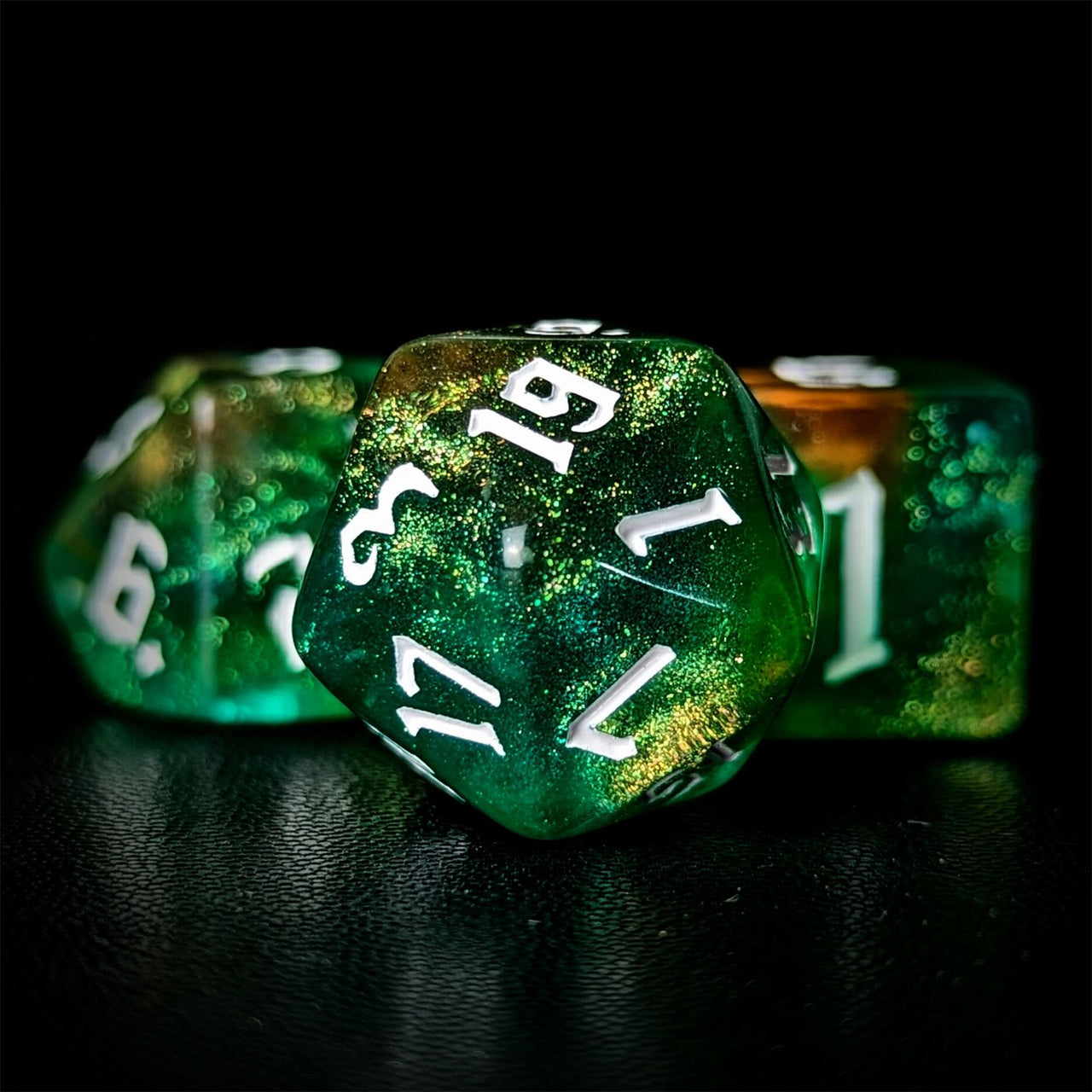 Glitter in Green & Yellow Acrylic - 7pcs RPG Full Dice Set Close