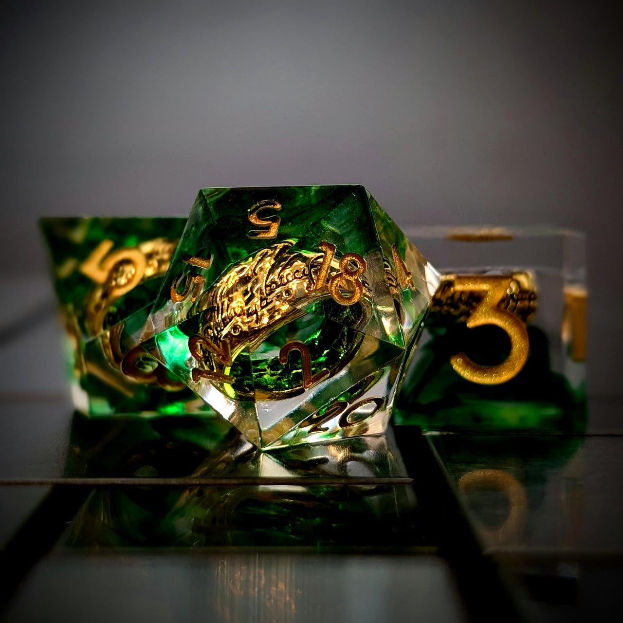 Gold Ring in Green & Clear Filled Sharp Resin - 7pcs RPG Dice Set