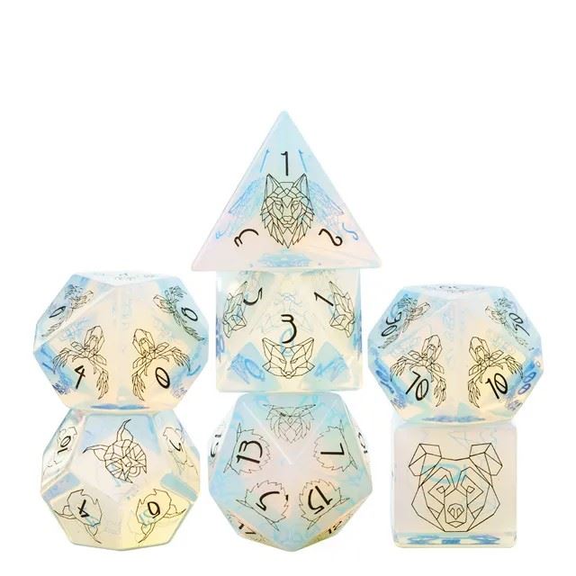 Beasts on Clear Opalite Gemstone - 7pcs RPG Dice Set