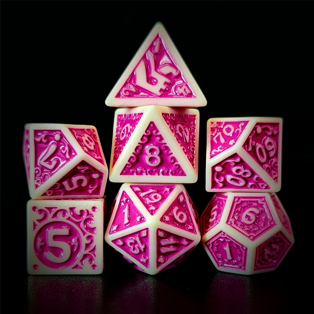 Pink Vines on White Acrylic - 7pcs RPG Full Dice Set