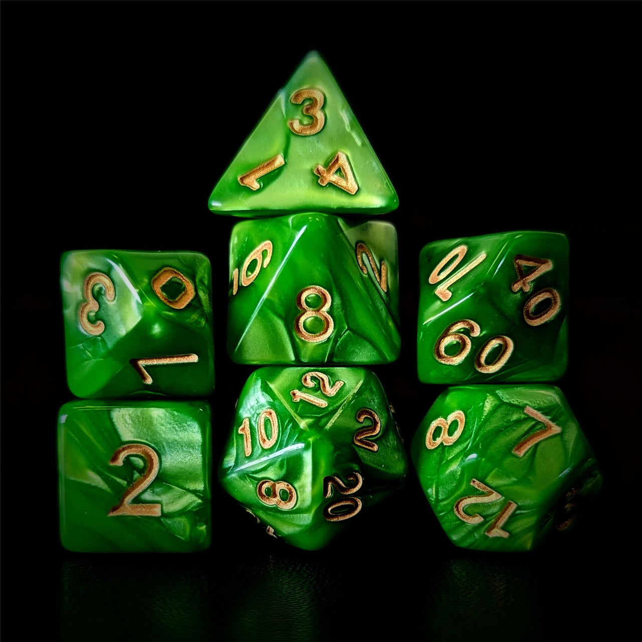 Green Silk Acrylic - 7pcs RPG Full Dice Set Dark Stack