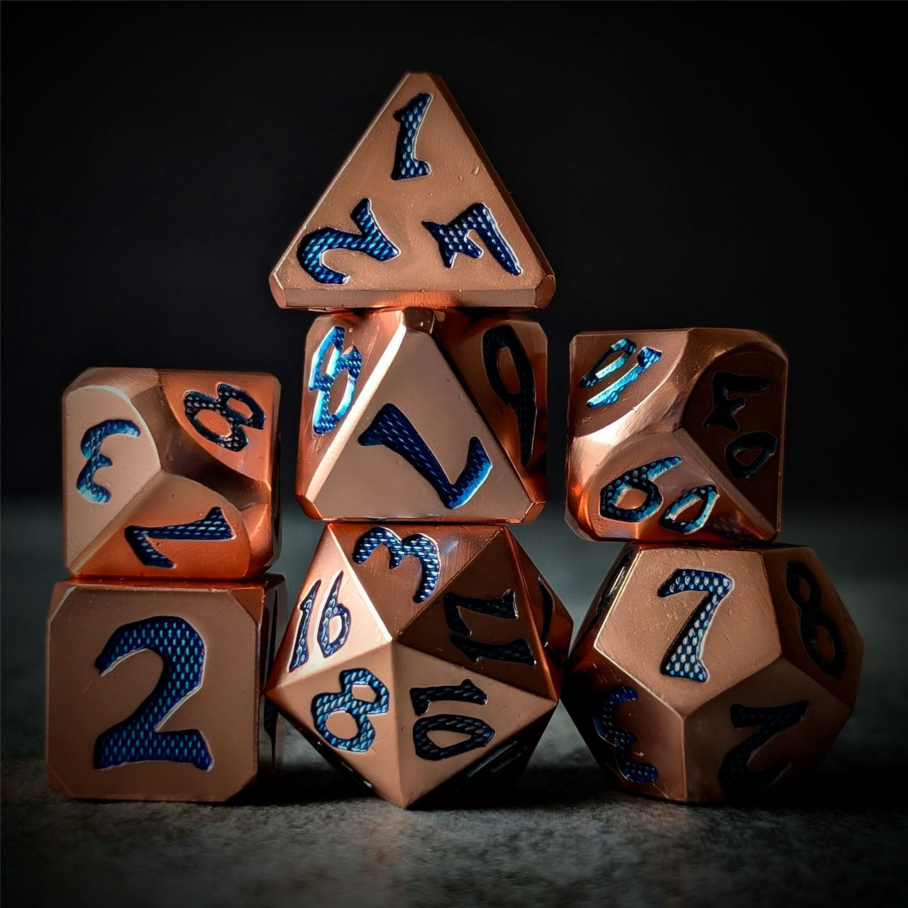 Blue Font in Copper Metal - 7pcs RPG Dice Set