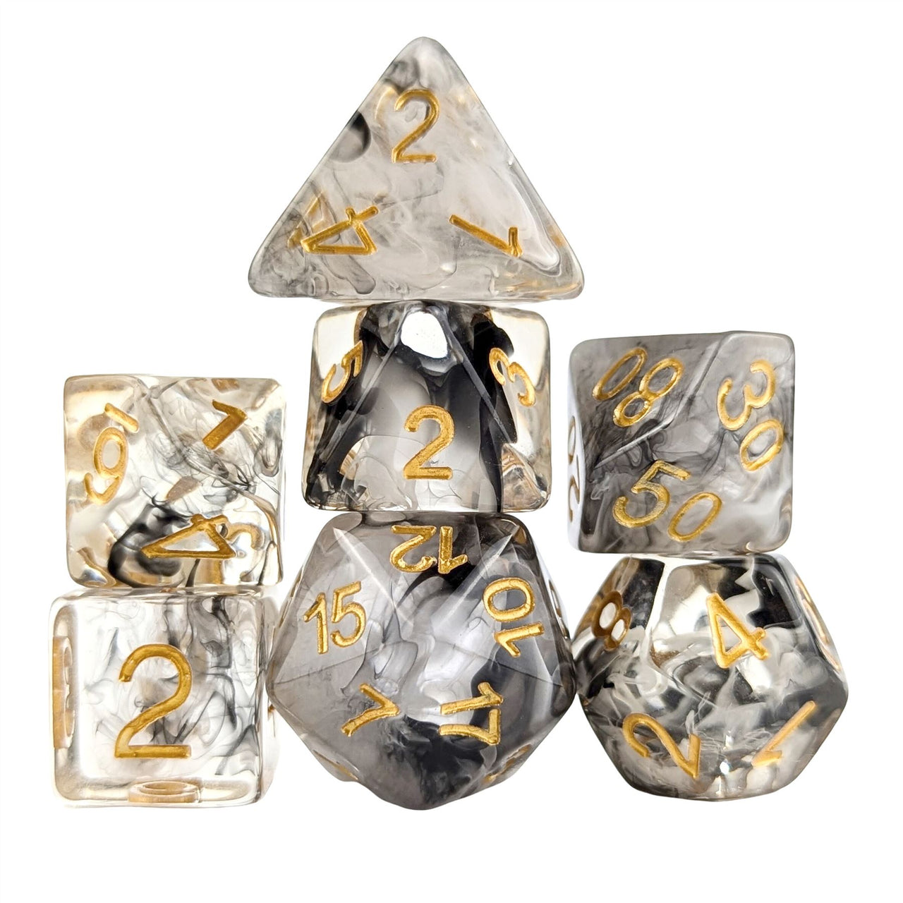 Black & White Swirl in Clear Resin - 7pcs RPG Full Dice Set