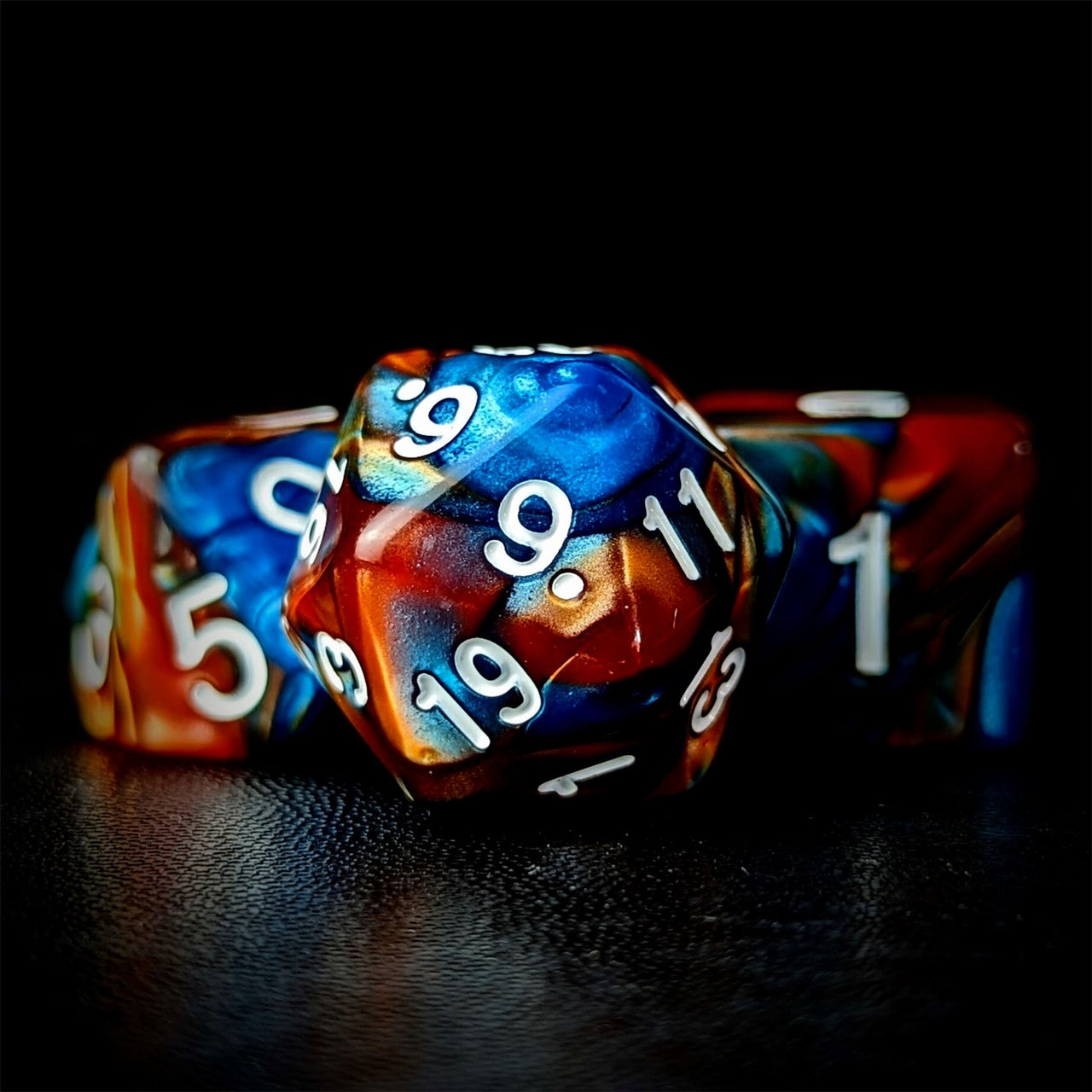 Blend of Orange & Blue Acrylic - 7pcs RPG Full Dice Set Close