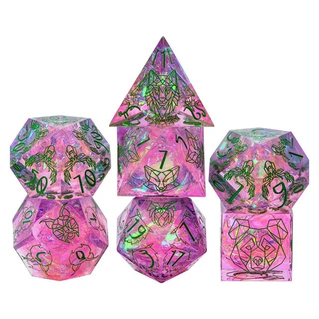 Beasts on Clear & Pink with Candy Sharp Resin - 7pcs RPG Dice Set