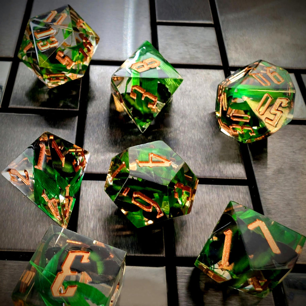 Brown Butterfly  in Clear Filled Sharp Resin - 7pcs RPG Dice Set