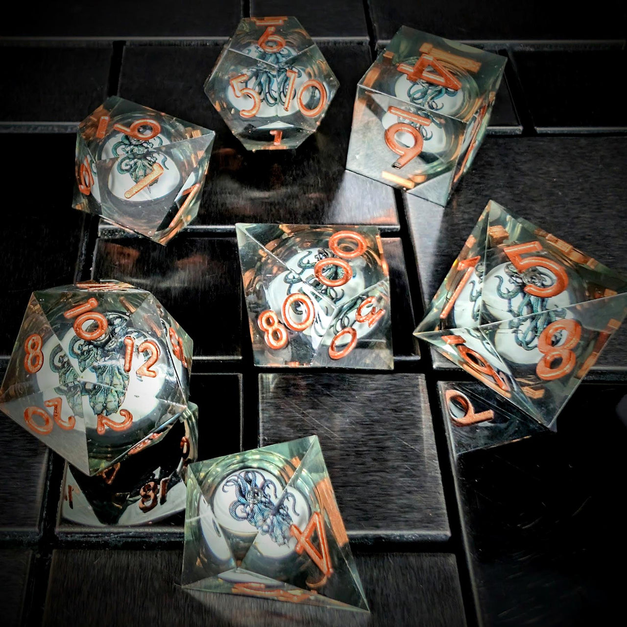 Octopus Ball in Black & Clear Filled Sharp Resin - 7pcs RPG Dice Set