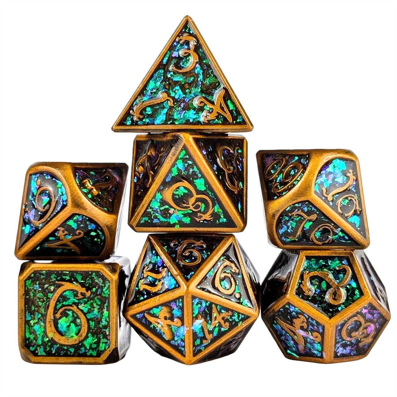 Glitter Pink Enamel in Gold Metal - 7pcs RPG Dice Set