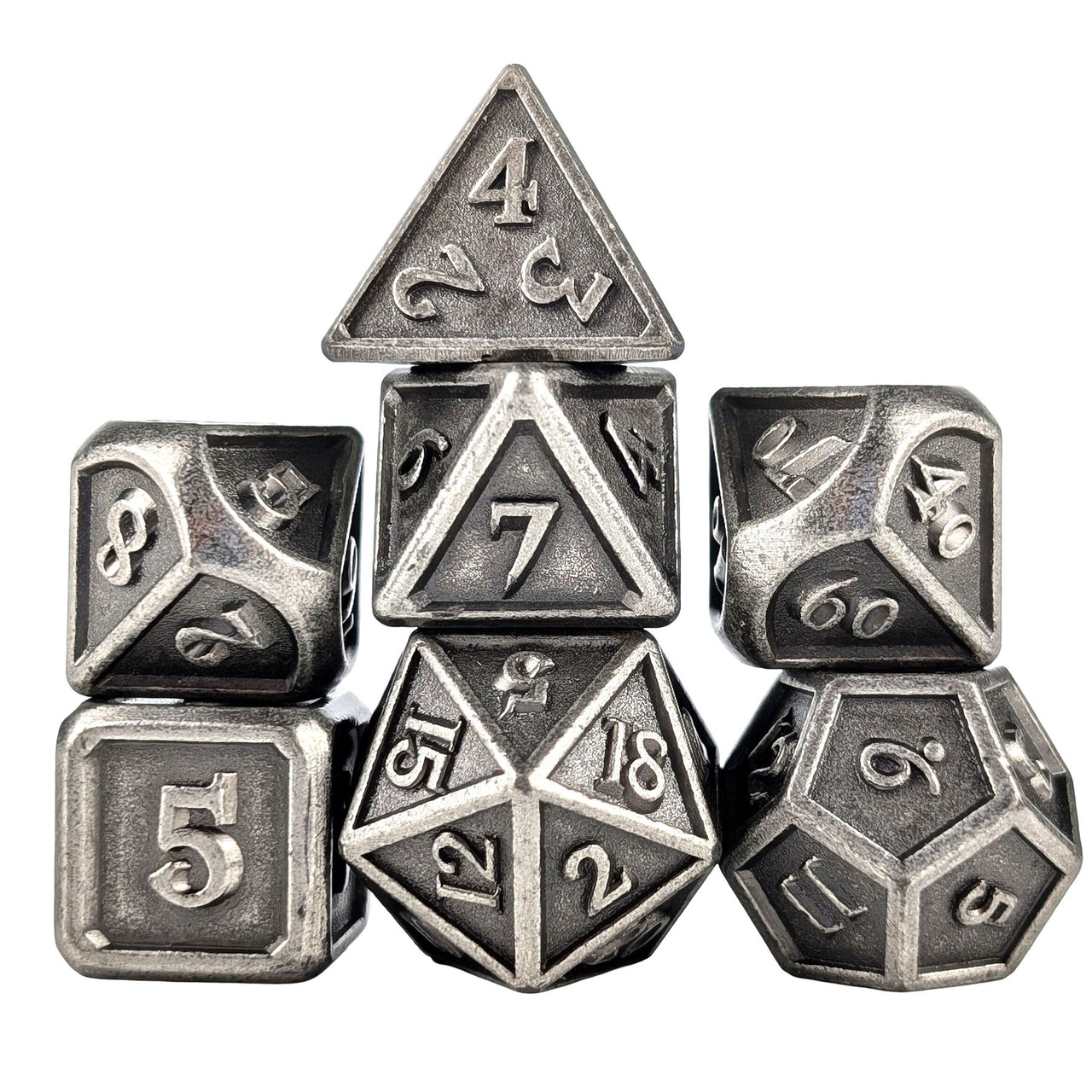 Brushed Worn Silver Metal - 7pcs RPG Dice Set