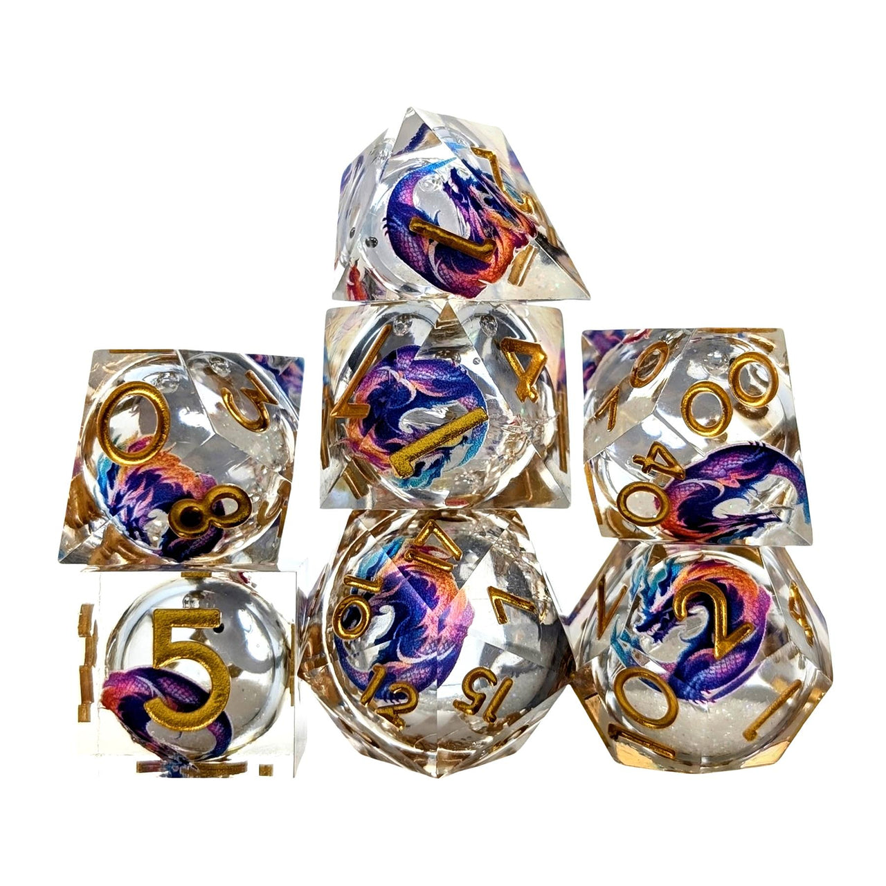 7pcs Dice Sharp Filled Liquid Gold Font Circle Dragon Clear