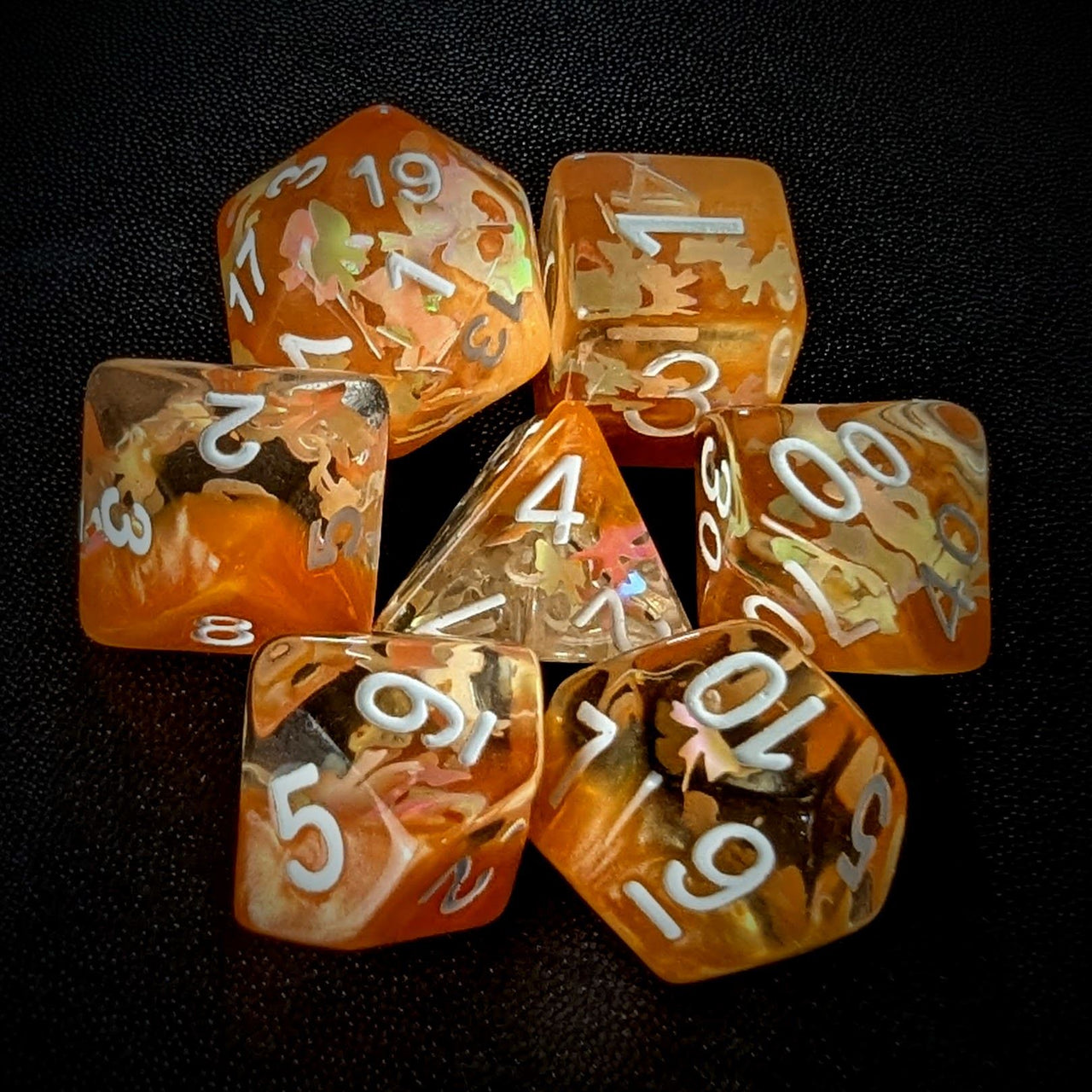 Bow in Clear & Orange Resin - 7pcs RPG Full Dice Set