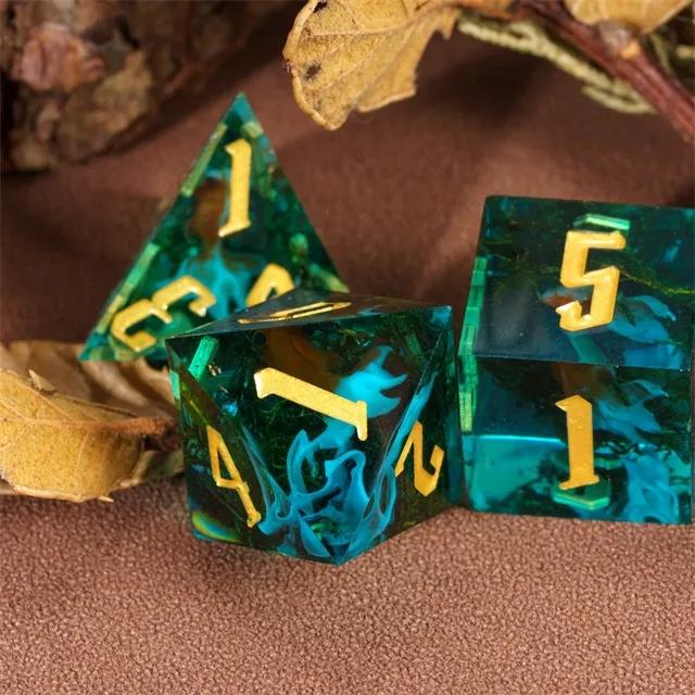 Gold Fish & Moss in Clear & Cyan Filled Sharp Resin - 7pcs RPG Dice Set