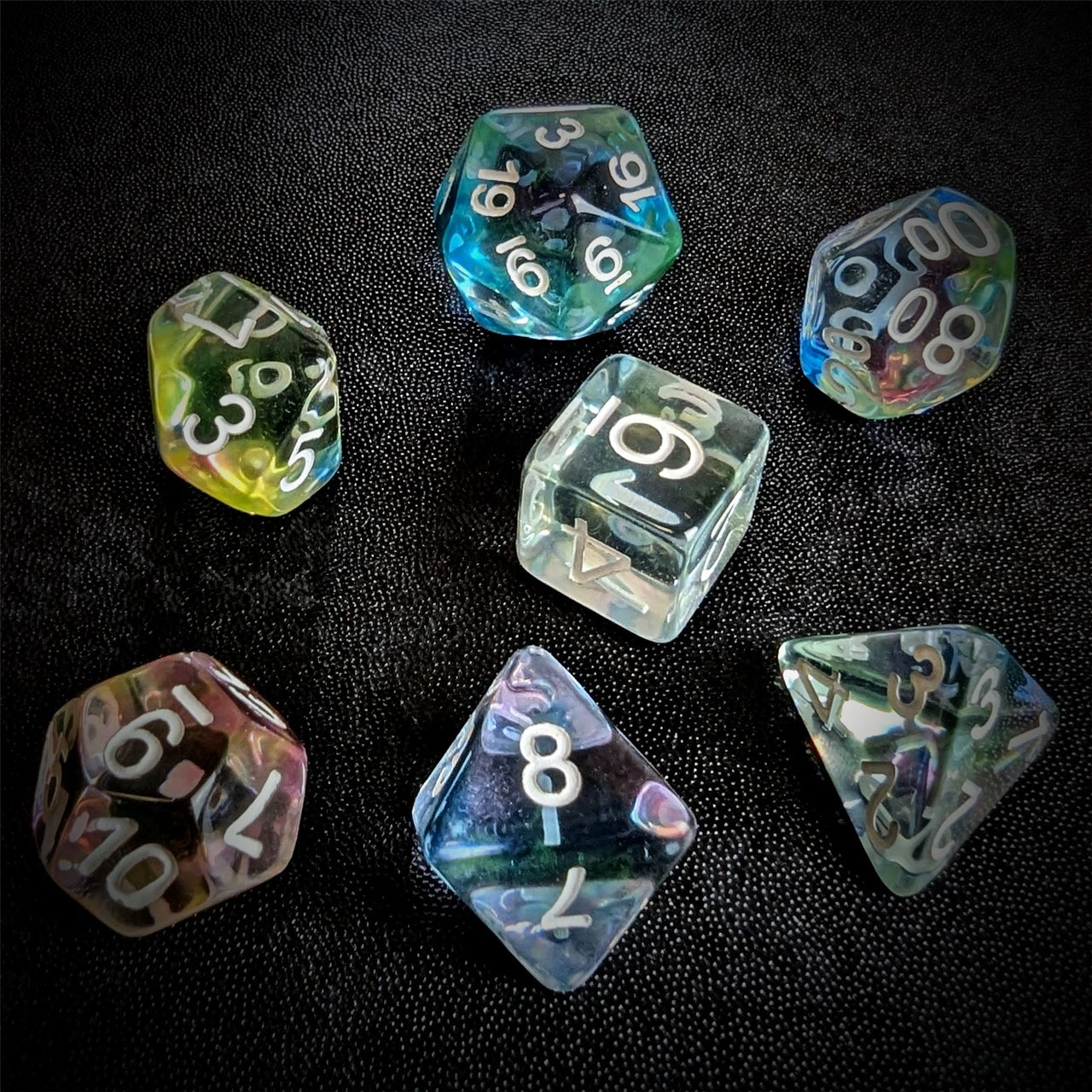 Multicolour Swirl in Clear Resin - 7pcs RPG Full Dice Set