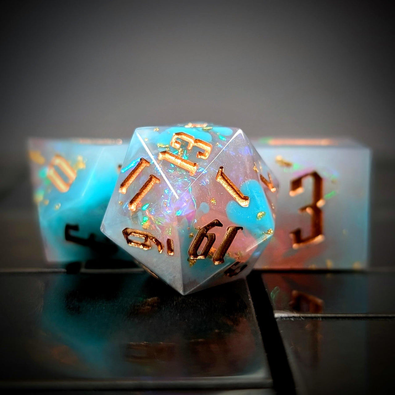 Candy in Blue & Pink with Copper Foil Sharp Resin - 7pcs RPG Dice Set