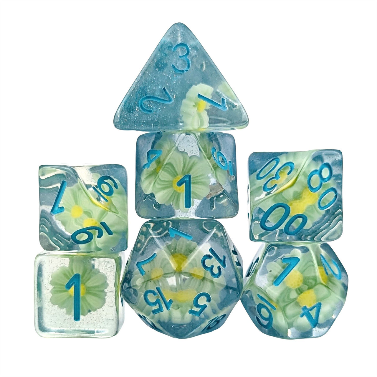 White Flowers in Clear & Blue Resin - 7pcs RPG Full Dice Set