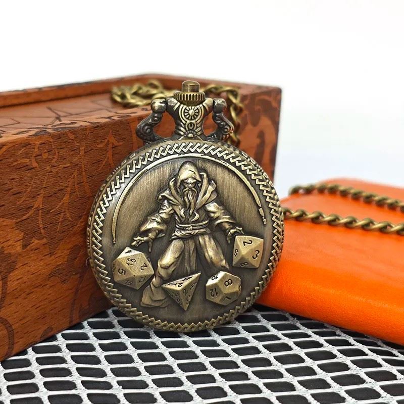 Wizard on Bronze Pocket Watch with Mini Dice - Pendant