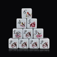 Thumbnail for 6pcs D6 16mm Dice Acrylic Printed Flower Bird Black Font White