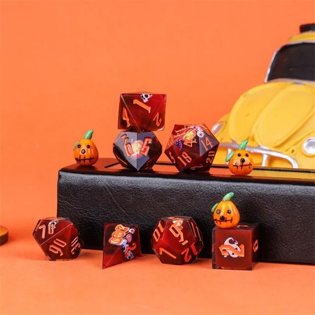 Halloween Pumpkin in Red Filled Sharp Resin - 7pcs RPG Dice Set