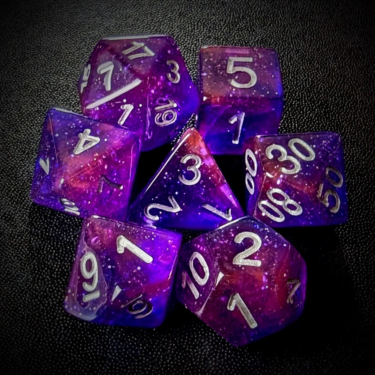 Glitter in Purple & Pink Resin - 7pcs RPG Full Dice Set