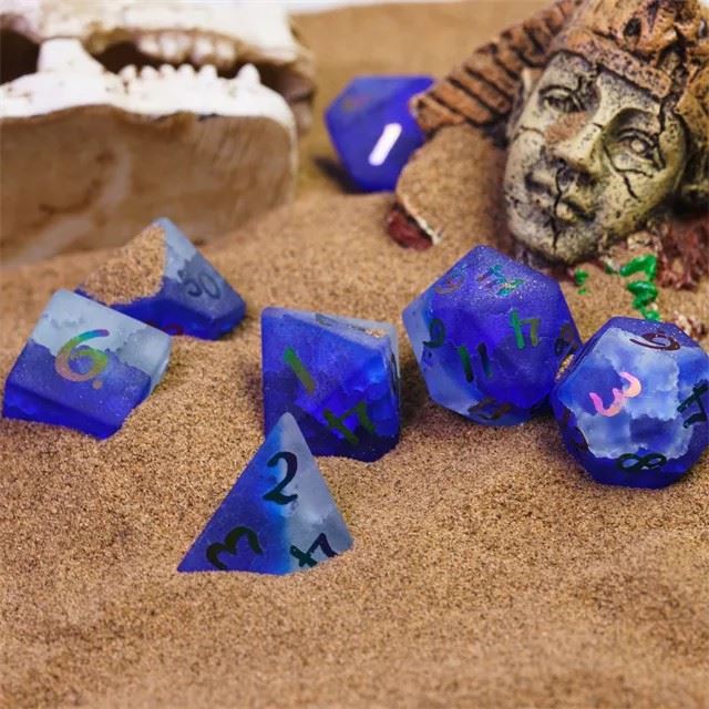 Cracked & Frosted Clear Blue Glass - 7pcs RPG Dice Set