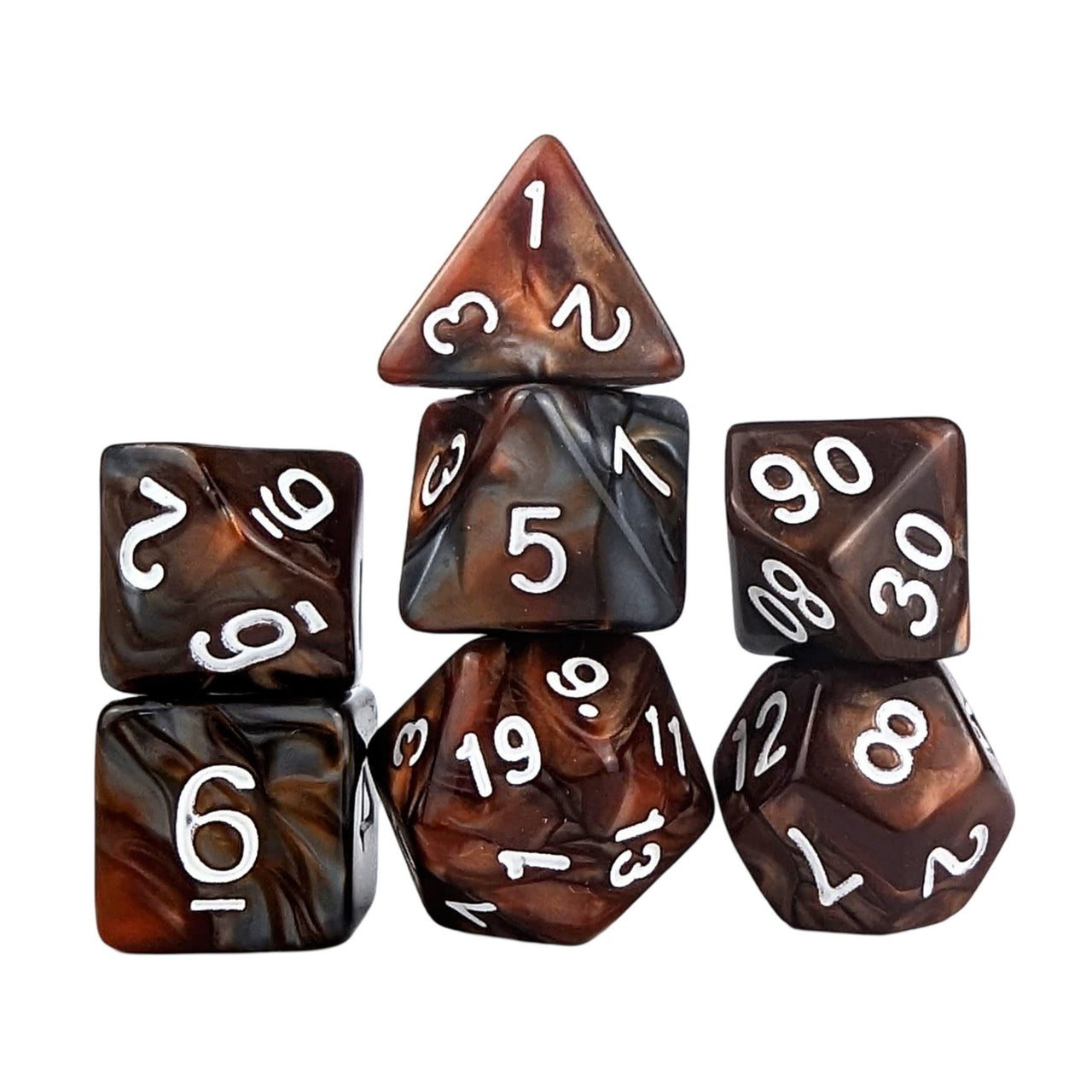 Blend of Copper & Grey Acrylic - 7pcs RPG Full Dice Set White Stack