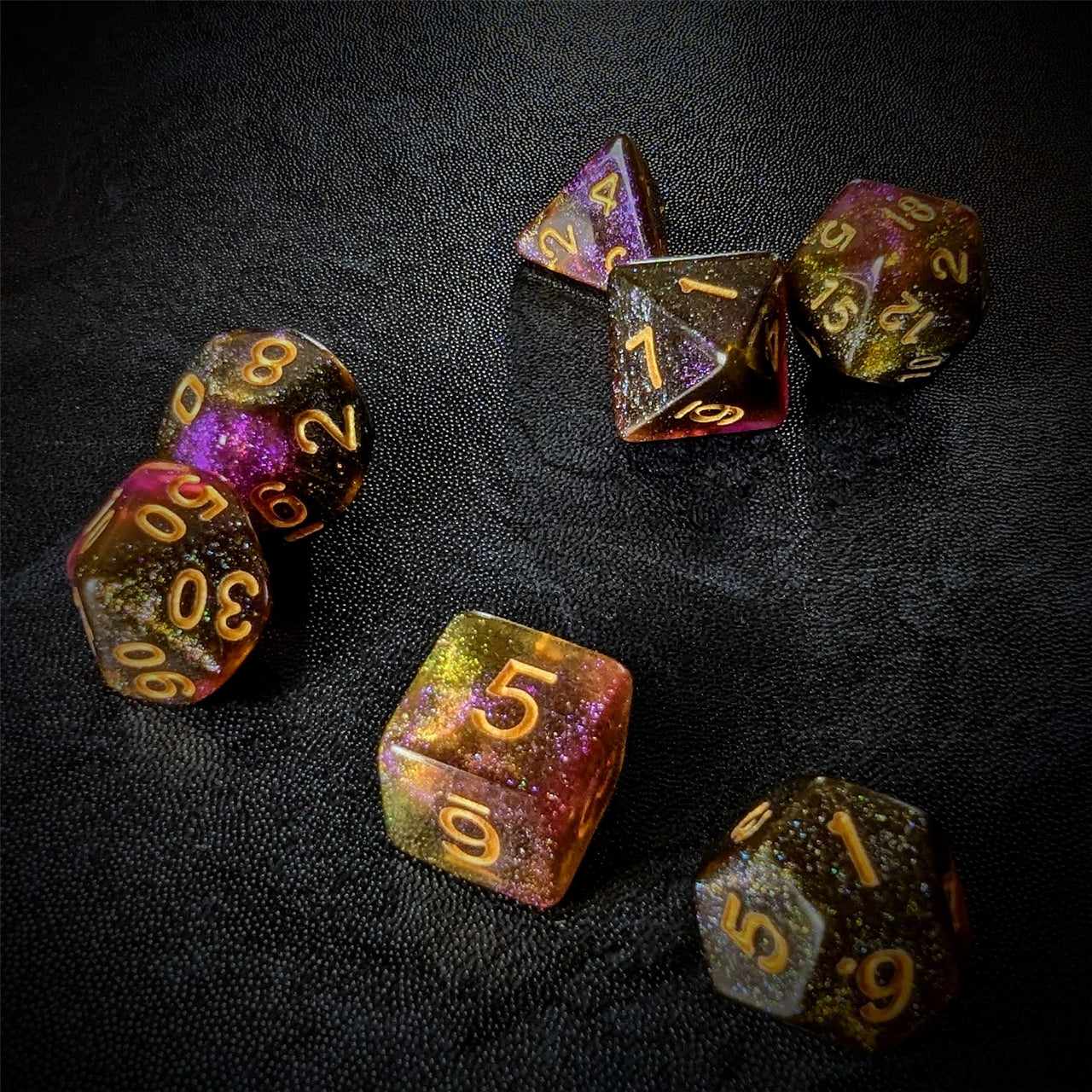 Glitter in Purple & Yellow Acrylic - 7pcs RPG Full Dice Set Scatter