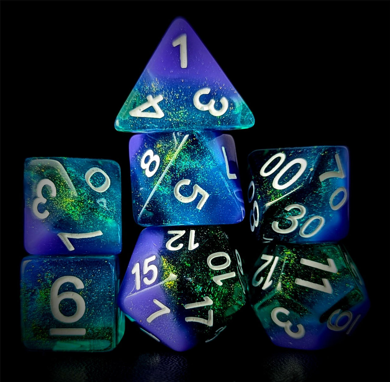 Layered Purple & Teal with Shimmer Resin - 7pcs RPG Full Dice Set