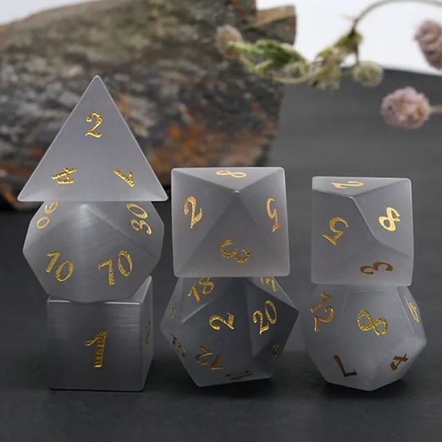 Frosted Grey Cat Eye Gemstone - 7pcs RPG Dice Set