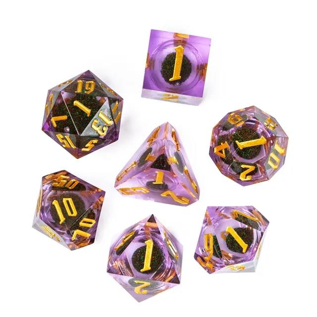 Green Glitter in Purple & Clear Liquid Filled Sharp Resin - 7pcs RPG Dice Set