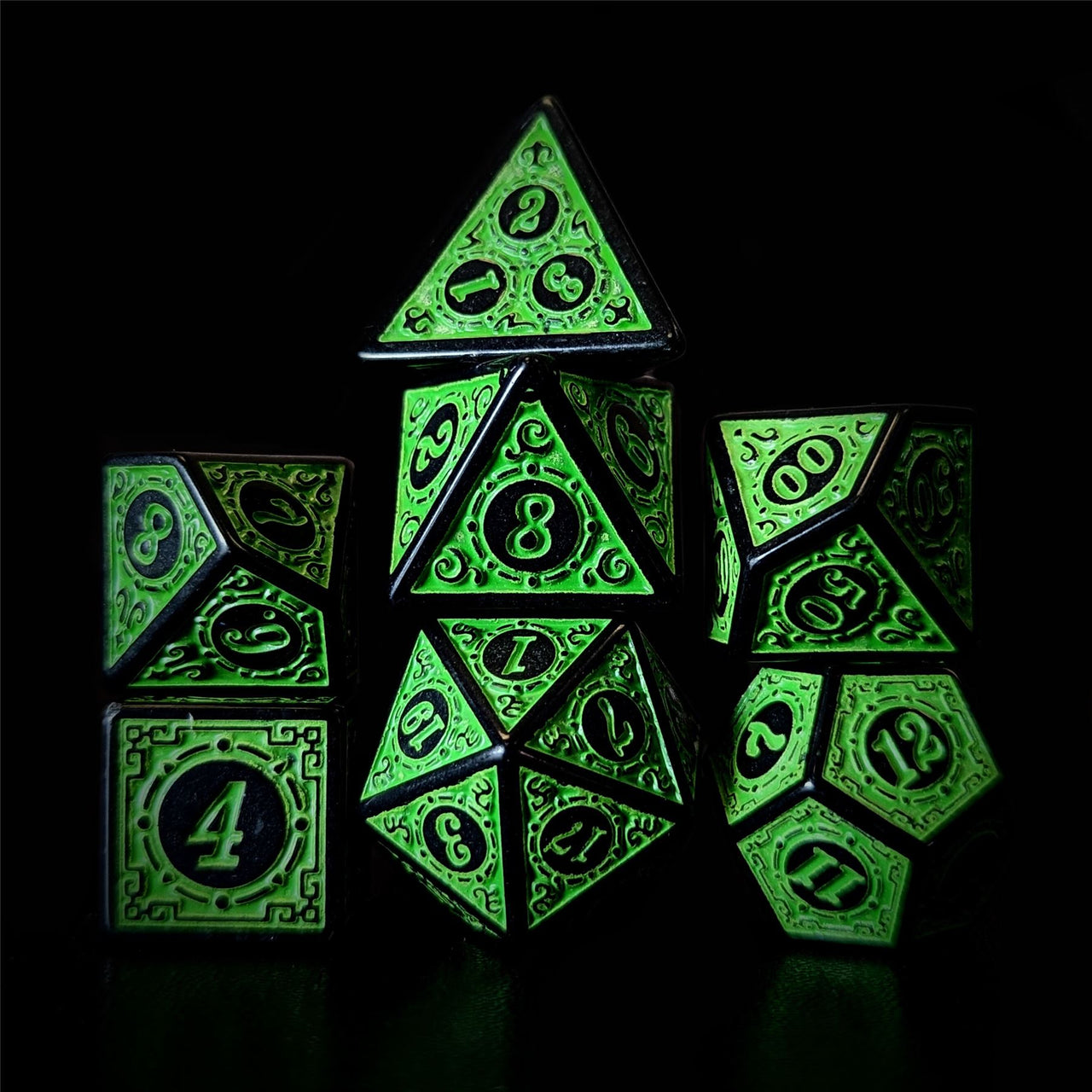 Green Lattice on Black Acrylic - 7pcs RPG Full Dice Set Dark Stack