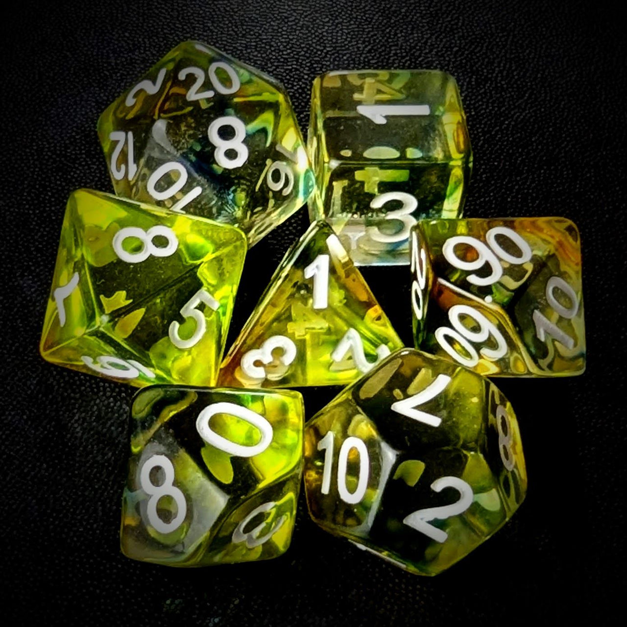 Yellow & Black with Blue Swirl in Clear Resin - 7pcs RPG Full Dice Set