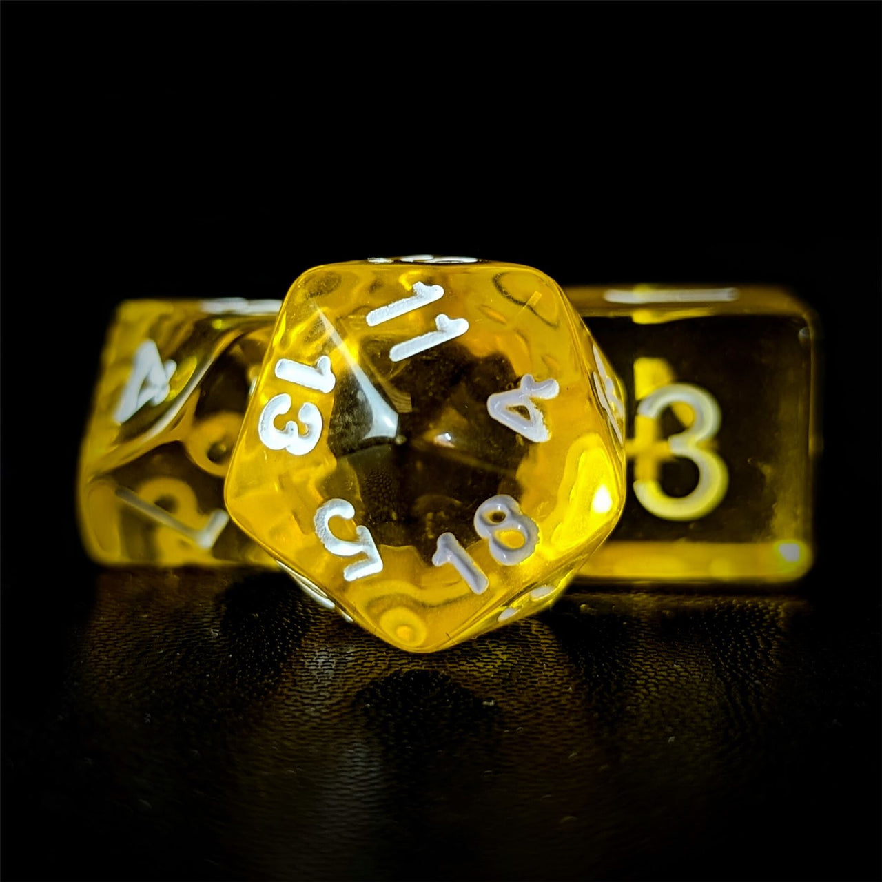 Clear Yellow Acrylic - 7pcs RPG Full Dice Set Close