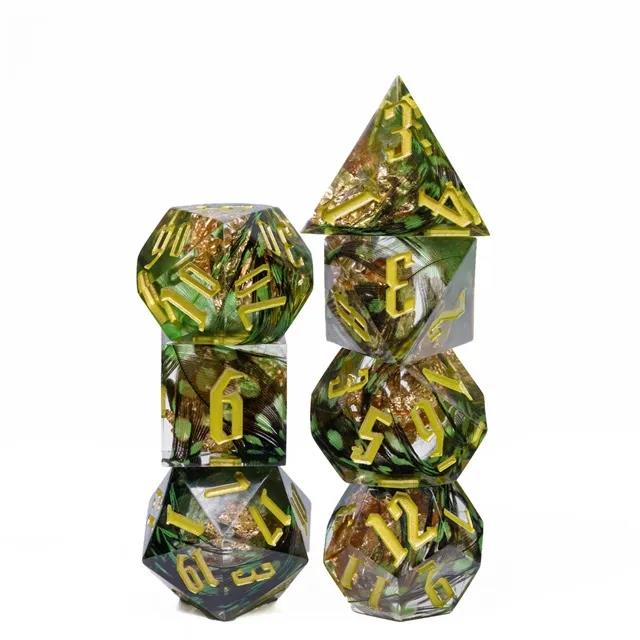 Foil Feather Black, Green & Clear Filled Sharp Resin - 7pcs RPG Dice Set