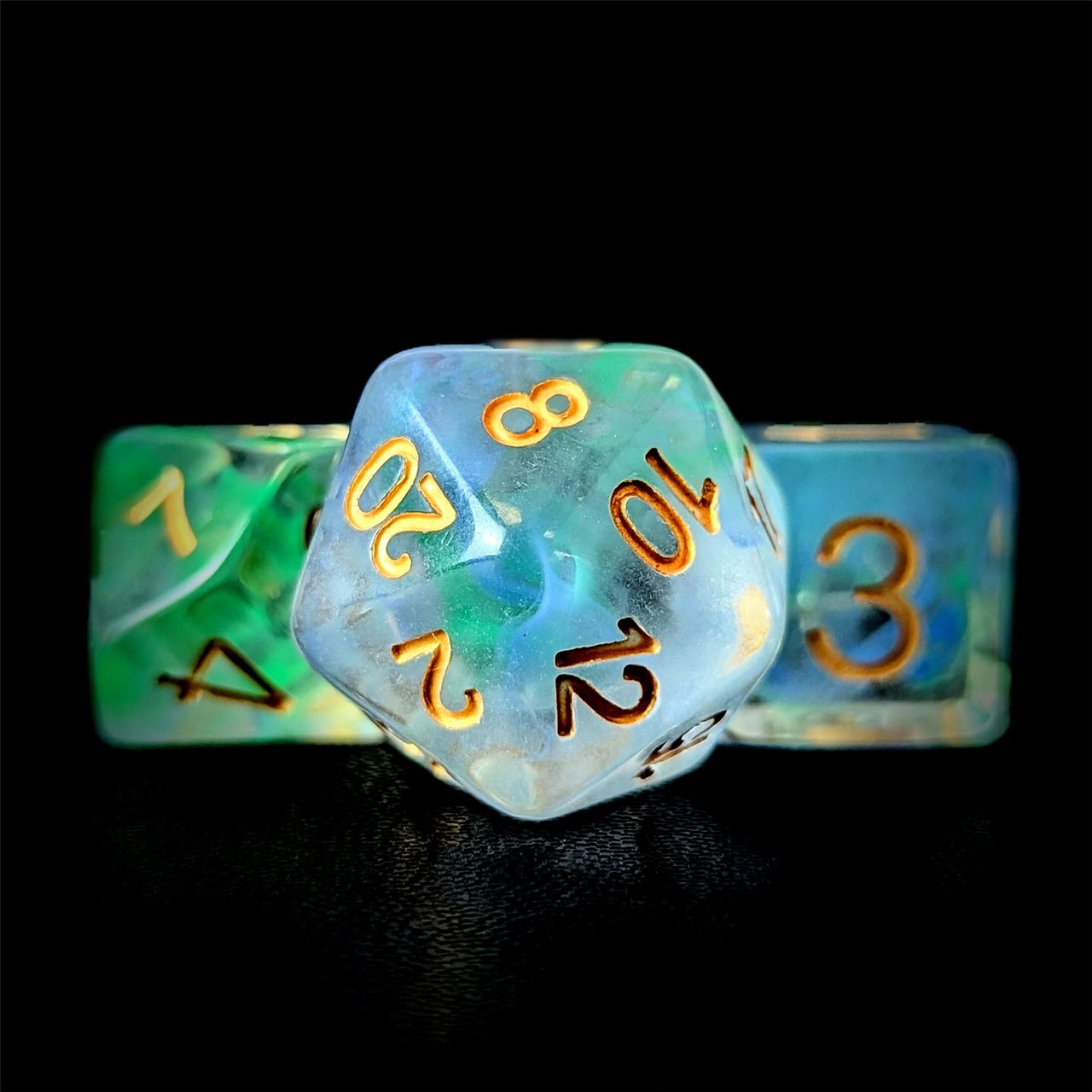 Blue & Green Swirl in Clear Resin - 7pcs RPG Full Dice Set