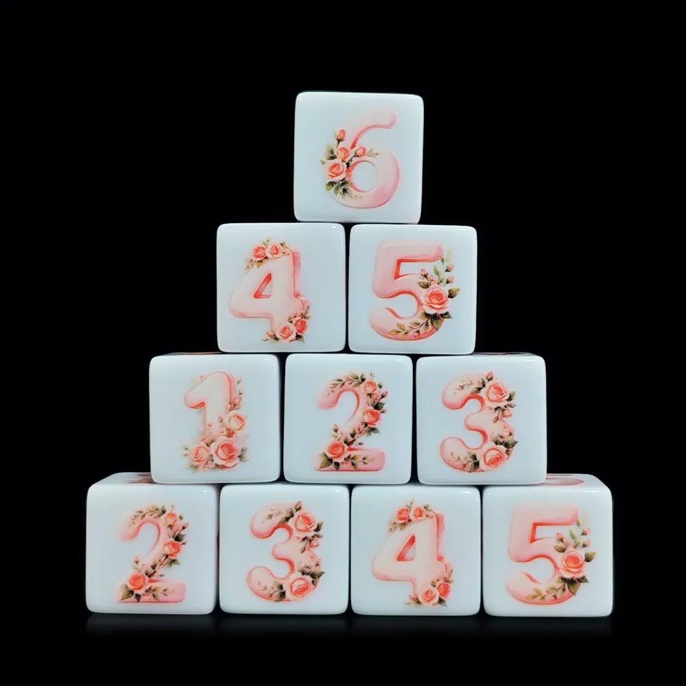 6pcs D6 16mm Dice Acrylic Printed Pink Font White