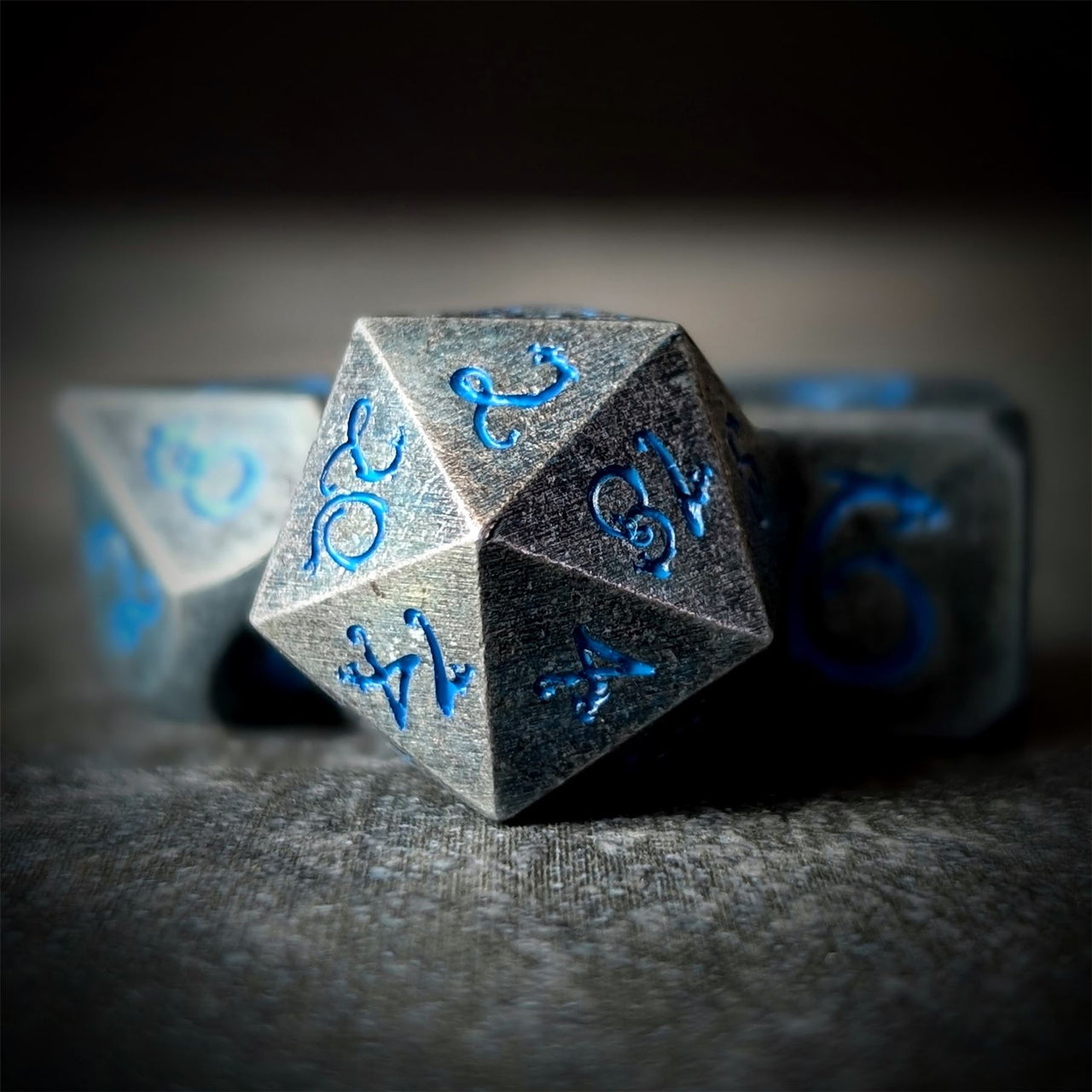 Silver Metal with Blue Dragon Font - 7pcs RPG Dice Set