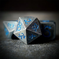 Thumbnail for Silver Metal with Blue Dragon Font - 7pcs RPG Dice Set