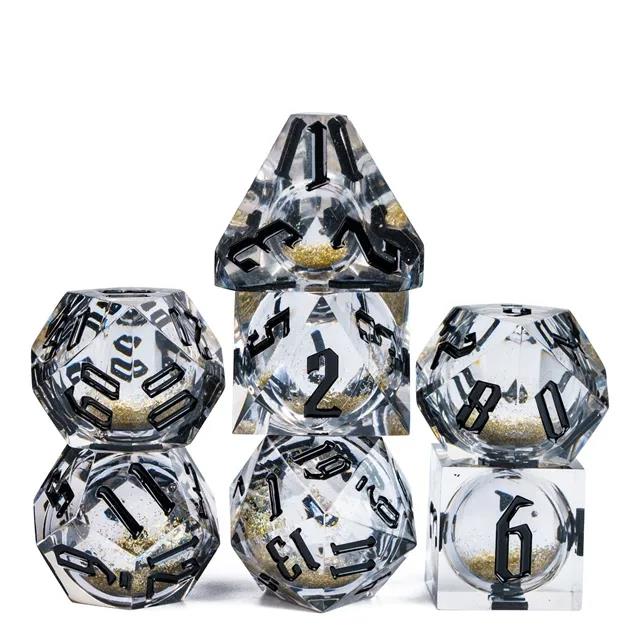 Gold Glitter in Clear Liquid Filled Sharp Resin - 7pcs RPG Dice Set