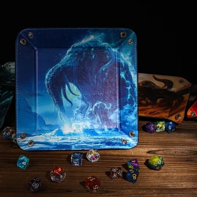 Cthulu on Blue PU Leather - Square Hard Dice Tray