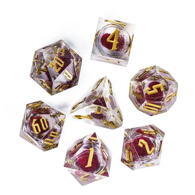 Red Glitter in Clear Liquid Filled Sharp Resin - 7pcs RPG Dice Set