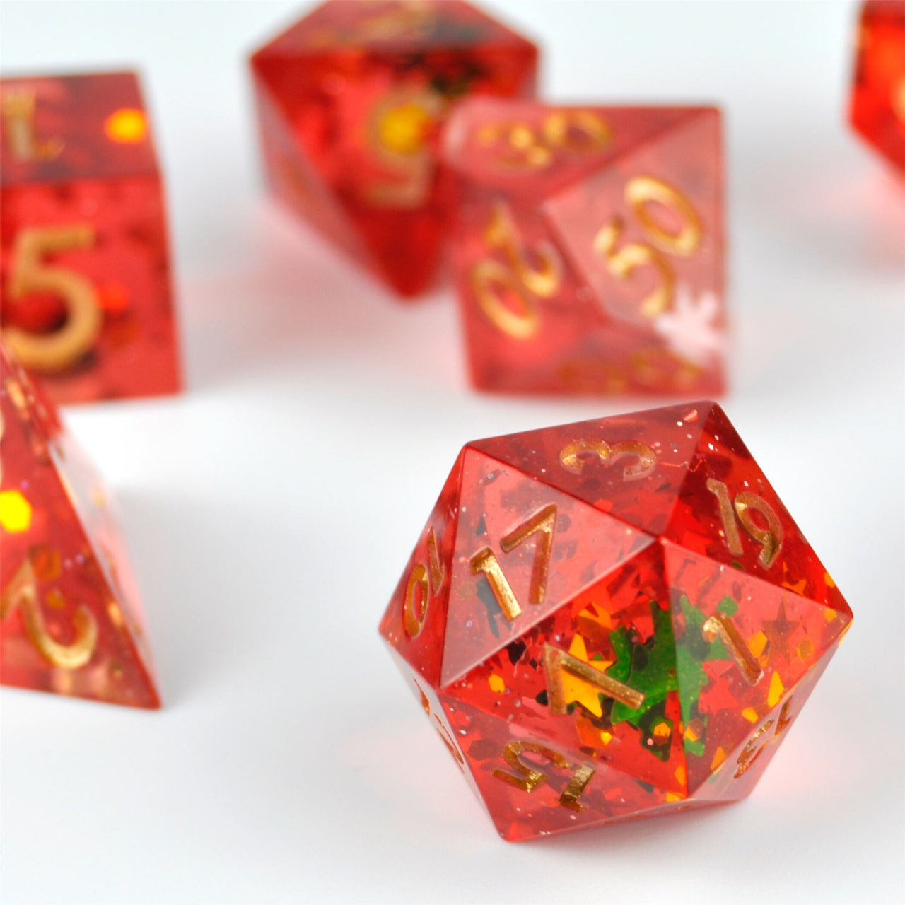 Snow in Red & Clear Filled Sharp Resin - 7pcs RPG Dice Set